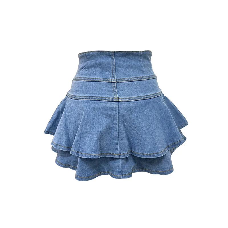 Slergiri femmes bouton mouche couches à volants ourlet jupe en jean 2025 été rétro Y2K taille haute mode correspondant Mini jupes