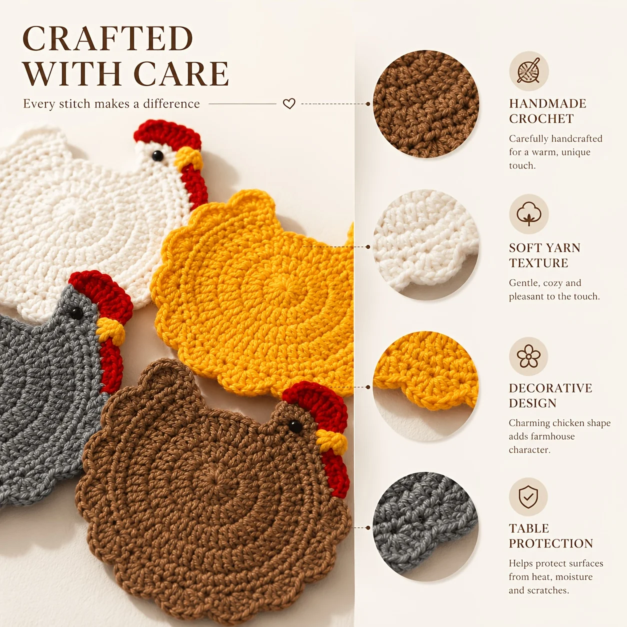 2027 Handmade crochet chicken coaster, farmhouse style insulated coaster, dining table decoration, knitted anti slip coaster