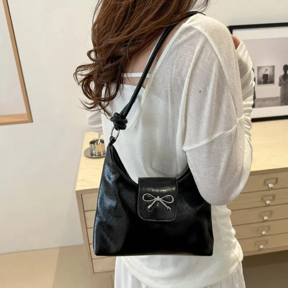 Sweet Handbag Underarm Bag Solid Color PU Leather Shoulder Bag Bow Design Y2K Bow Armpit Ladies