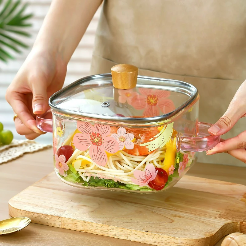Sakura Square Glass Cooking Pot Pink Handle Heat Resistant Soup Pot with Lid for Microwave Electric Stove Kitchen Use Set Glass