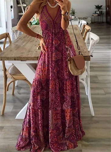Imagen 2 del producto Vestido largo de estilo bohemio para mujer, vestido largo con tirantes, cintura alta, cuello en V, estampado de flores fragmentadas, novedad de 2023