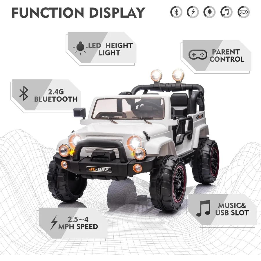 Samochód elektryczny dla dzieci 12V z pilotem dla rodziców, muzyką, Bluetooth, odtwarzaczem MP3, światłami LED, 2-osobowy, typu truck i samochód, z pokrowcem.