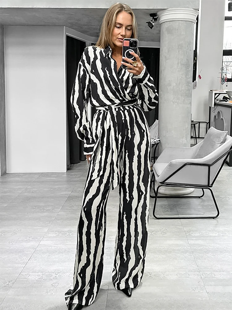 Mumaroho 2024 Women Autumn Winter Holiday Striped Pant Set Suits Outfits Loose Long Sleeve 2 Two Piece Matching Suit For Women