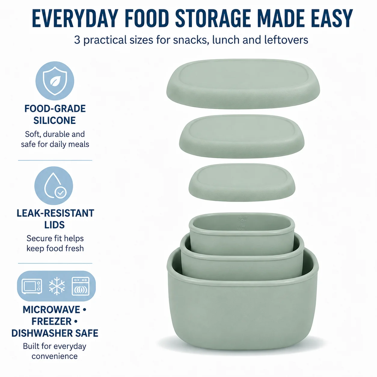 3 Pack Silicone Bento Box Food Storage Containers With Lids Dishwasher Microwave Safe Reusable Lunch Prep Container