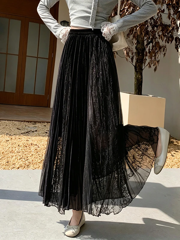 Elegant Coffee Brown Pleated A-Line  Skirt Women's High Waist Polyester Fiber Pressed Pleats Slimming Cross Covering Leat...