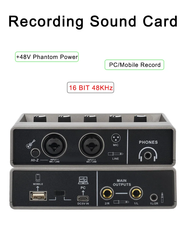 TEYUN 48KHz Audio Interface Phone PC Recording Hi-z Guitar Echo 48V 2 Channel External Studio Sound Card for Game Podcast Q16