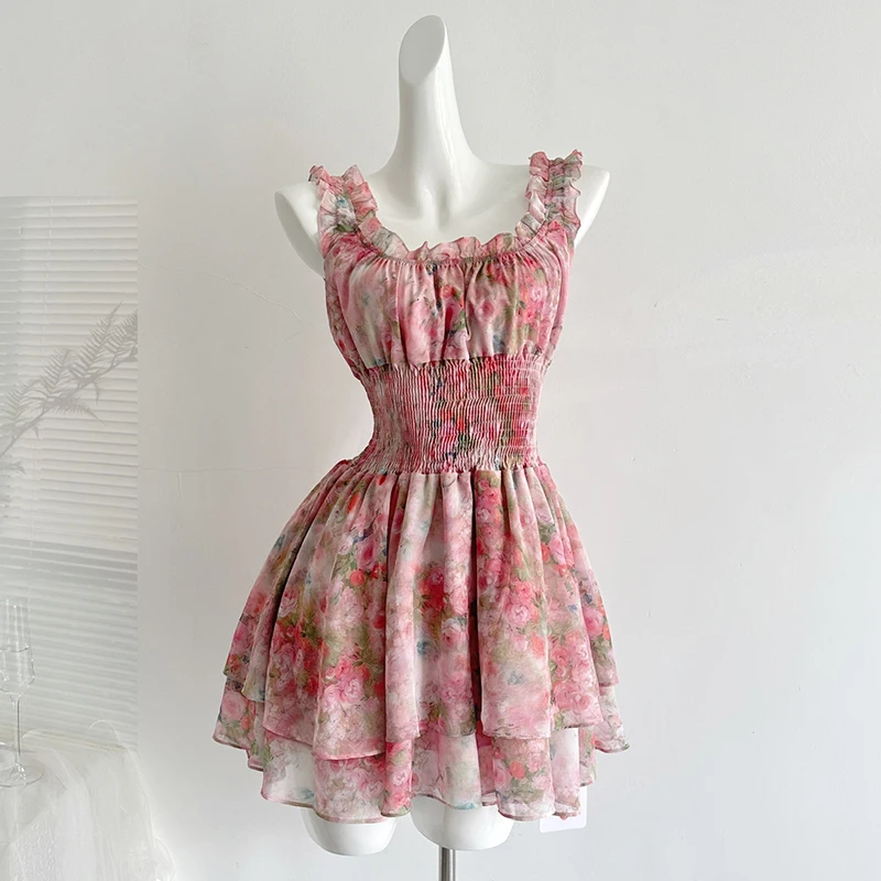 

Printed Rose Dress Women Sleeveless Squared Collar Ruffles Elastic Waist Loose Casual Street Korean Fashion Elegant Mini Dress