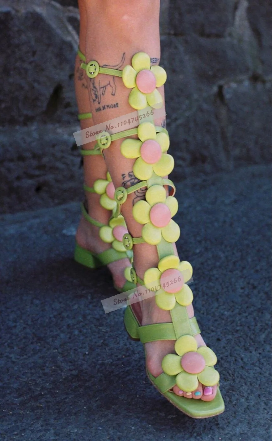 Green Pink Gladiator Knee High Sandals 3D Colorful Flowers Decor Cool Boots Square Toe Block Heel Multi Strap Buckle Party Shoes