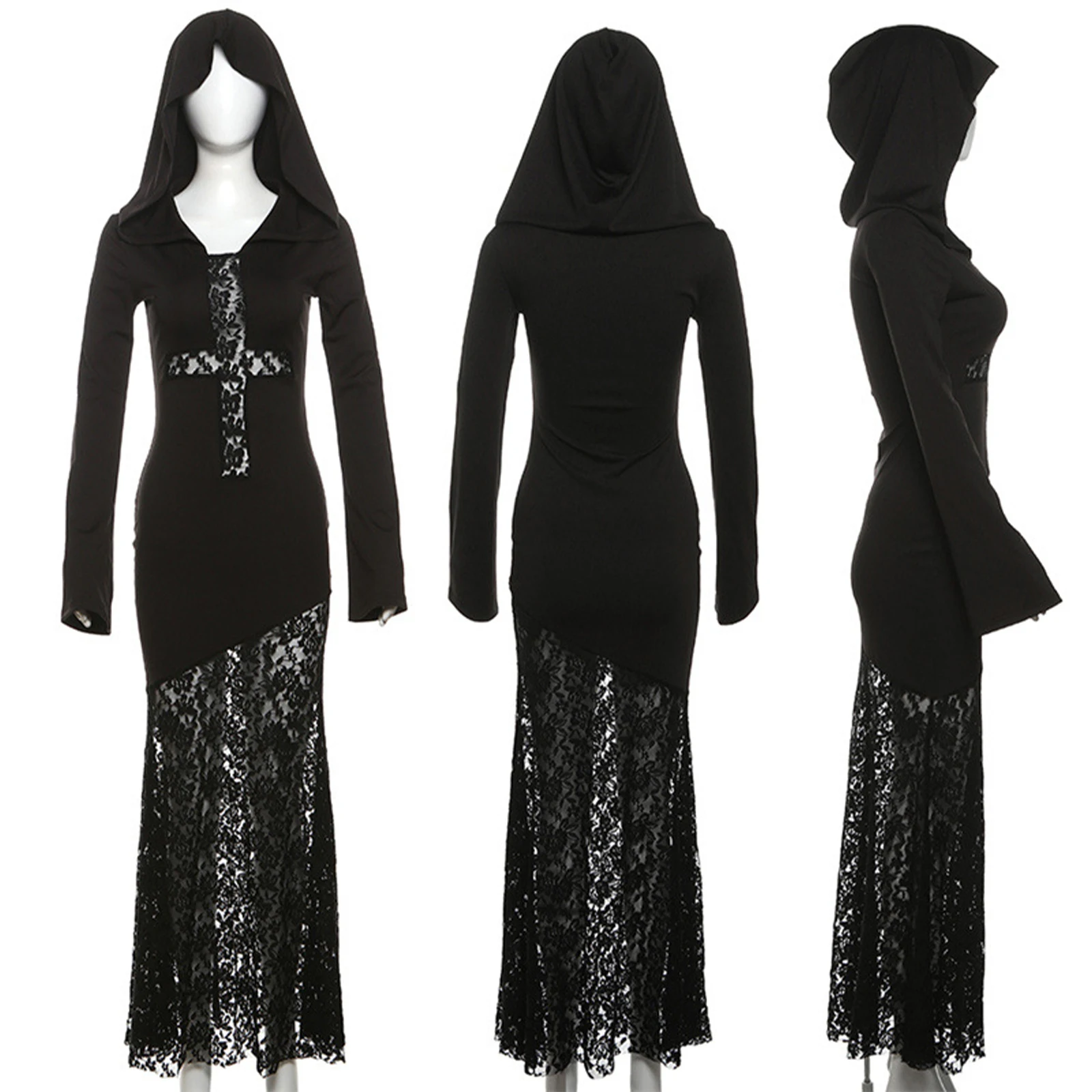 

Women Floral Lace Gothic Steampunk Dress Retro Flared Sleeve Hooded Maxi Dress for Halloween Vampire Witch Renaissance Cosplay