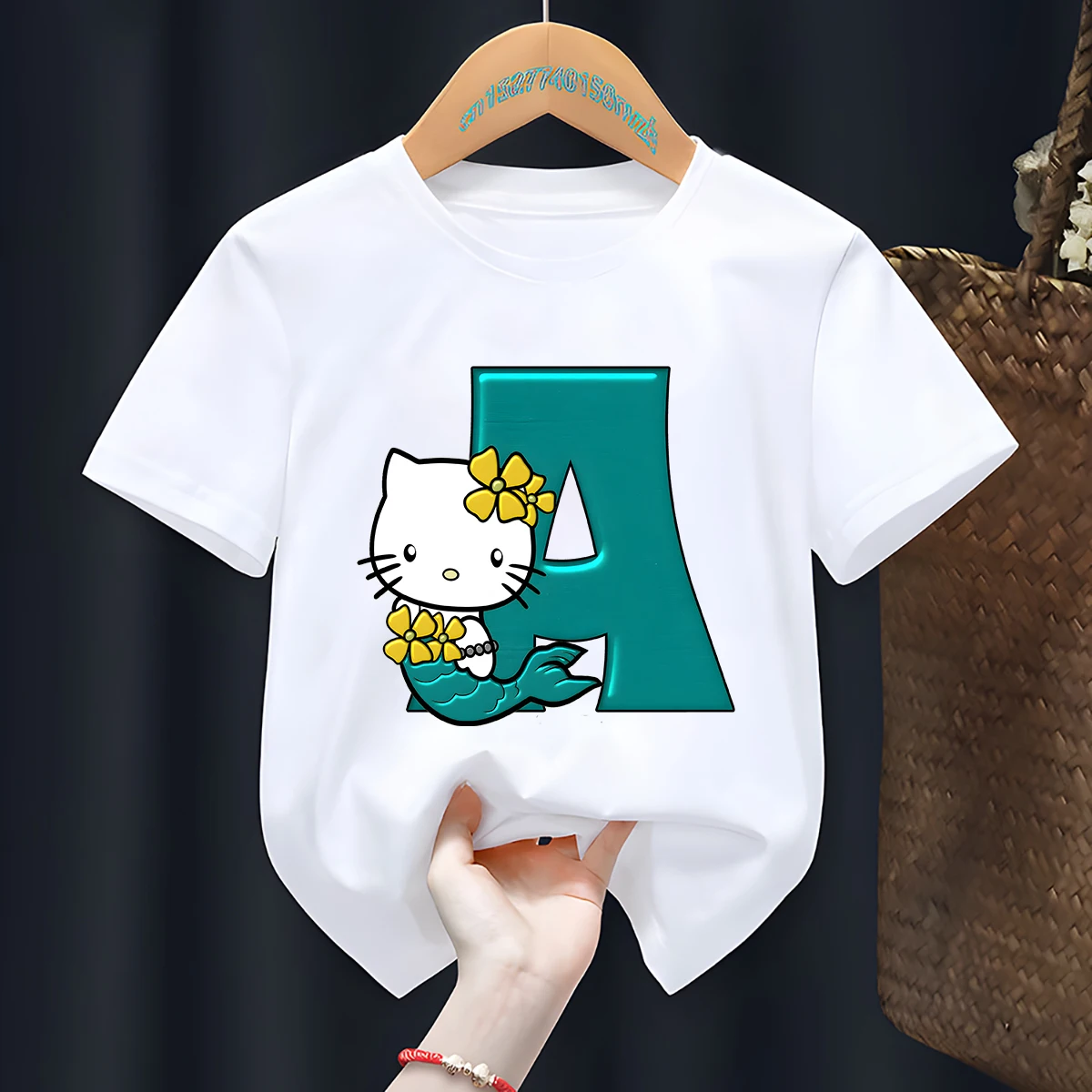 Hello Kitty A B C D Printed Children's T Shirt Girls Cute Cartoon Summer Short Sleeve Tops Cotton 2 to 8 Years Kids Clothing