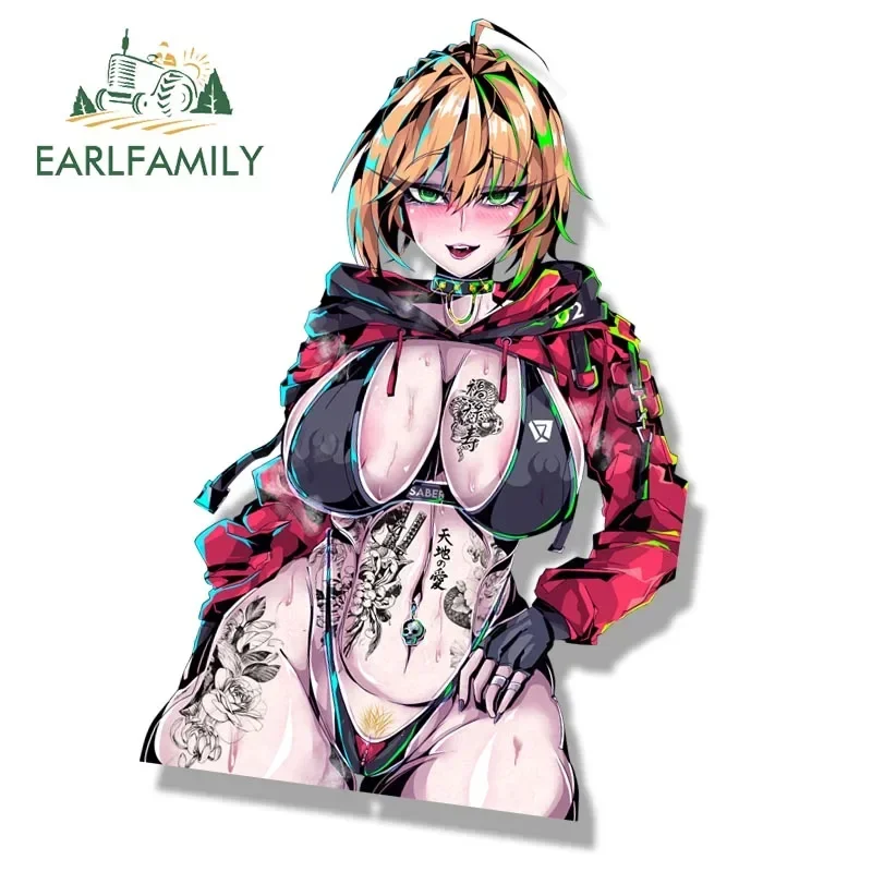 EARLFAMILY Ahegao Saber Artoria Pendragon Fanart Car Sticker Street Queen Sketch Waifu Decal Cartoon Tattoo Peeker Girl Stickers