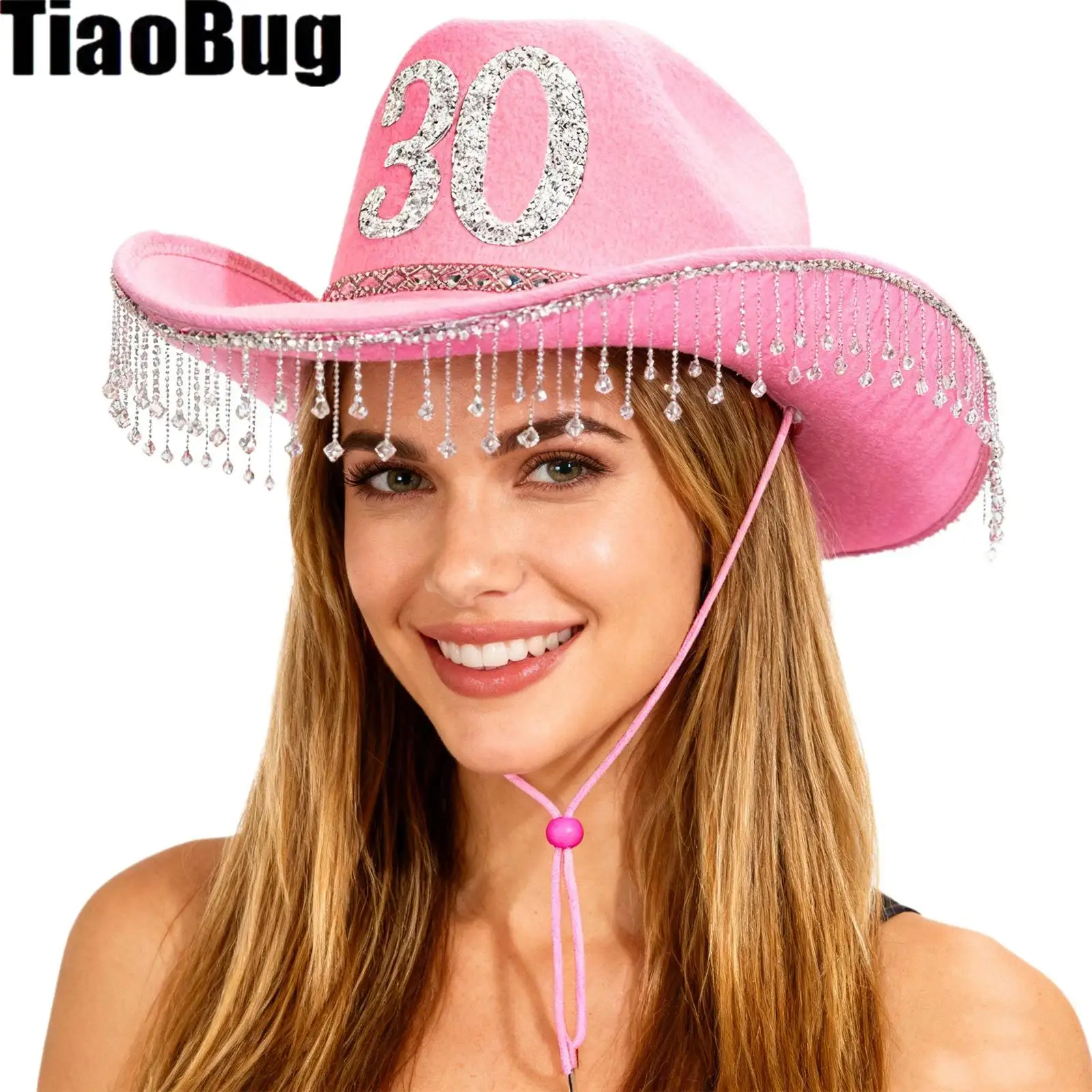 

Women Western Cowgirl Hat Glitter Rhinestone Tassel Decor Cowboy Hat for Birthday 30 Years Old