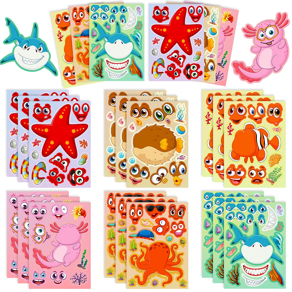 6/12Sheets Animal Shark Starfish Puzzle Stickers Make-a-Face Children DIY Assemble Jigsaw Educational Kids Toys Party Favors