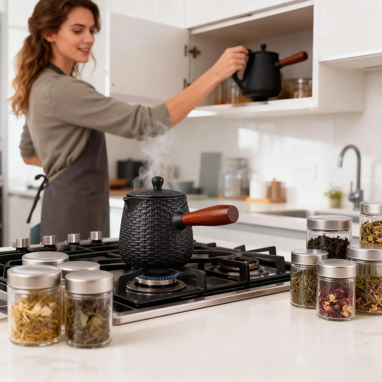 

Teapot Cast Iron 600ml Stove Teapot Cup Warmer Cast Iron Tea Pots With Wooden Handle For Camping Travel Boiling Kitchen Adults