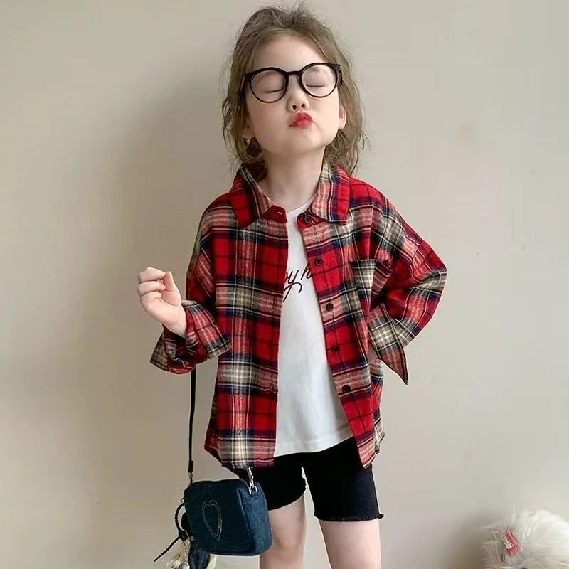 Girls Vintage Red Plaid Shirt Spring Summer Casual Tops Baby Check Jacket