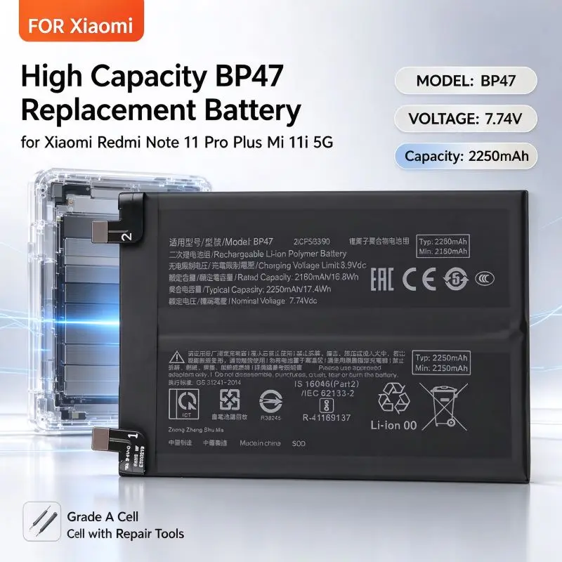 High Capacity BP47 Replacement Battery for Xiaomi Redmi Note 11 Pro Plus Mi 11i 5G, Grade A Cell with Repair Tools