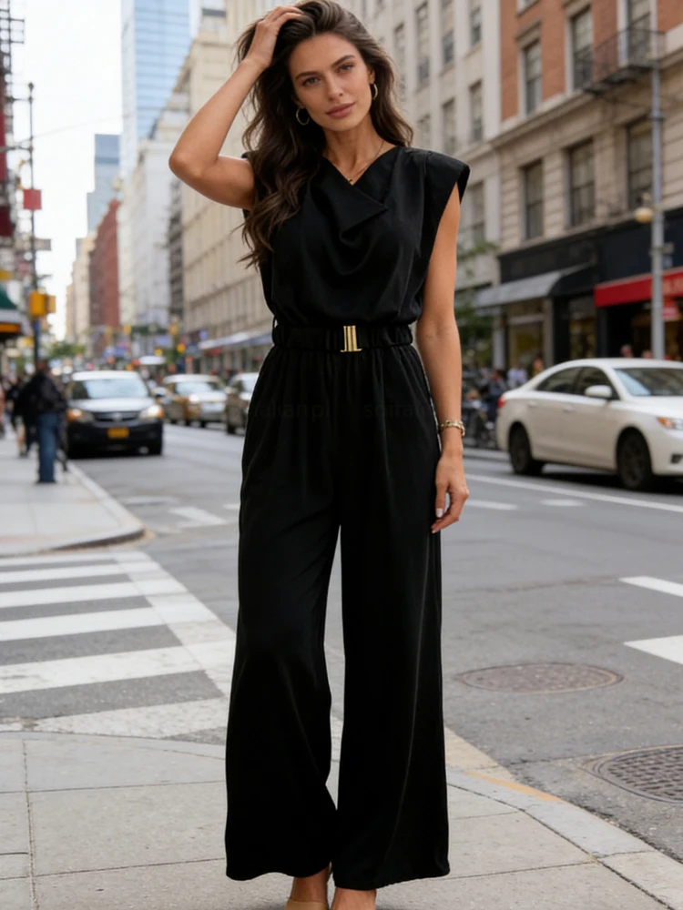 

Fashion Casual Women's Satin Wide Leg Jumpsuit Cowl Neck Sleeveless Elastic Waist Belted Elegant Solid Color Office Lady Romper