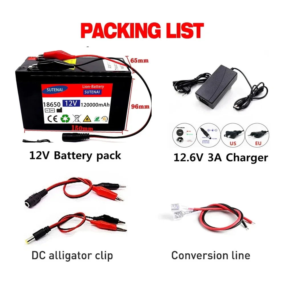 12V 120Ah 120000mAh 18650 lithium battery 30A sprayer built-in high current BMS electric vehicle battery +12.6V charger