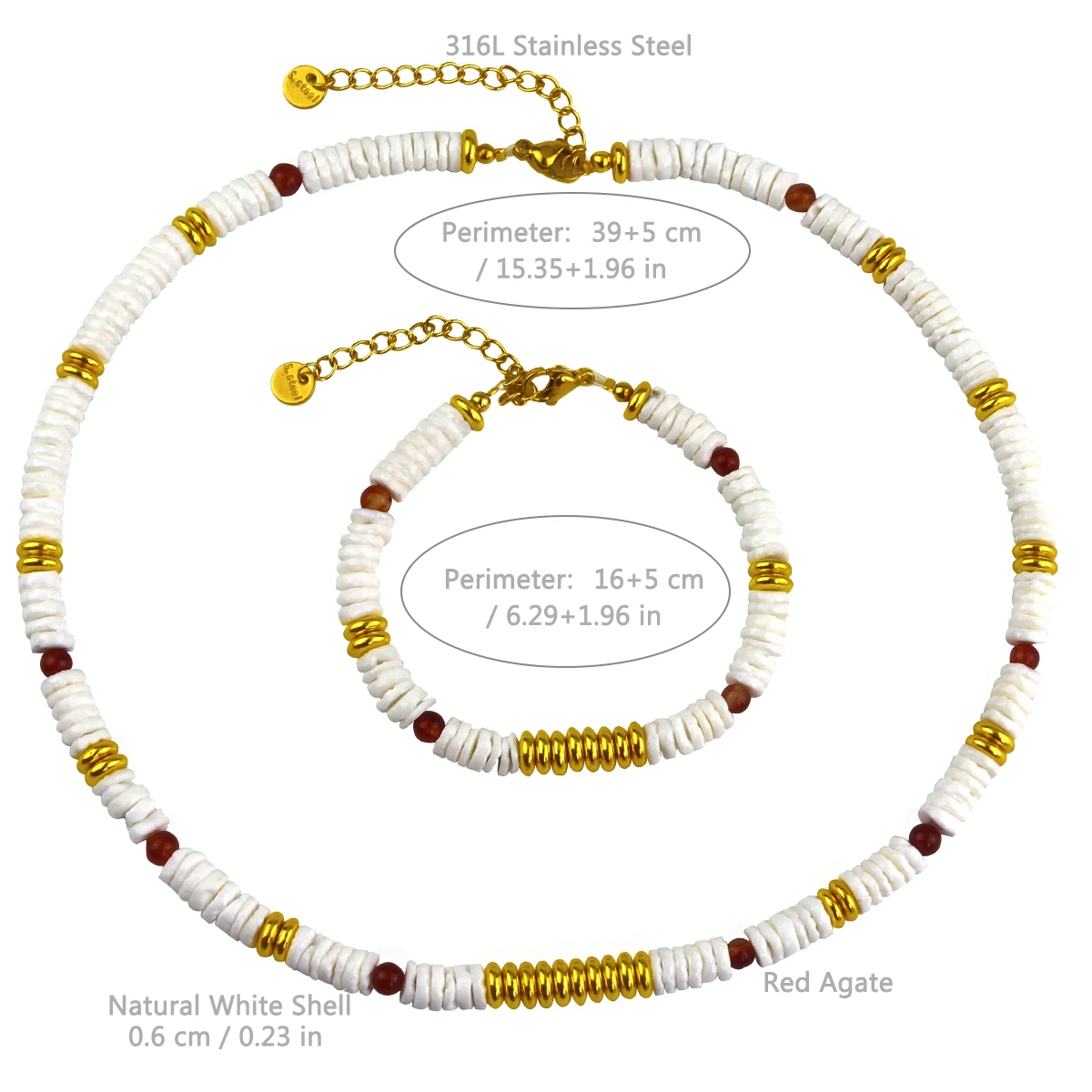 Natural Stone Red Agate 6mm White Shell Necklace Bracelet Set Boho Women\'s Fresh And Simple Jewelry Accessories