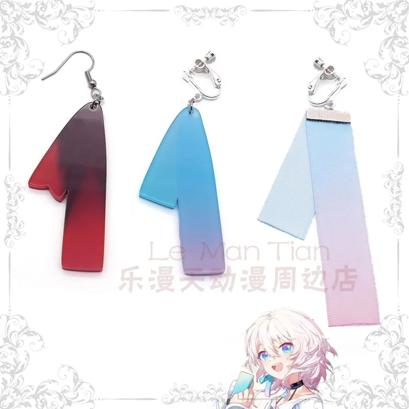 Anime Honkai: Star Rail March 7th Cosplay Earrings Ear Needles Ear Clips Ear Hooks Red Blue Pink Props