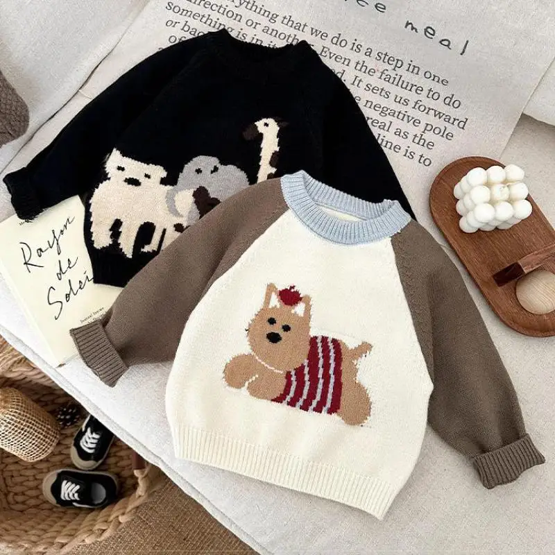 

2025 Autumn New Baby Long Sleeve Knit Sweater Infant Boy Girl Cute Cartoon Print Sweater Toddler Cotton Knitted Tops