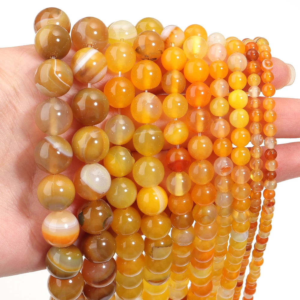 1 brin de perles en pierre d'agate naturelle à rayures Orange, rondes, amples, pour la fabrication de bijoux, accessoires de Bracelet et de collier à faire soi-même