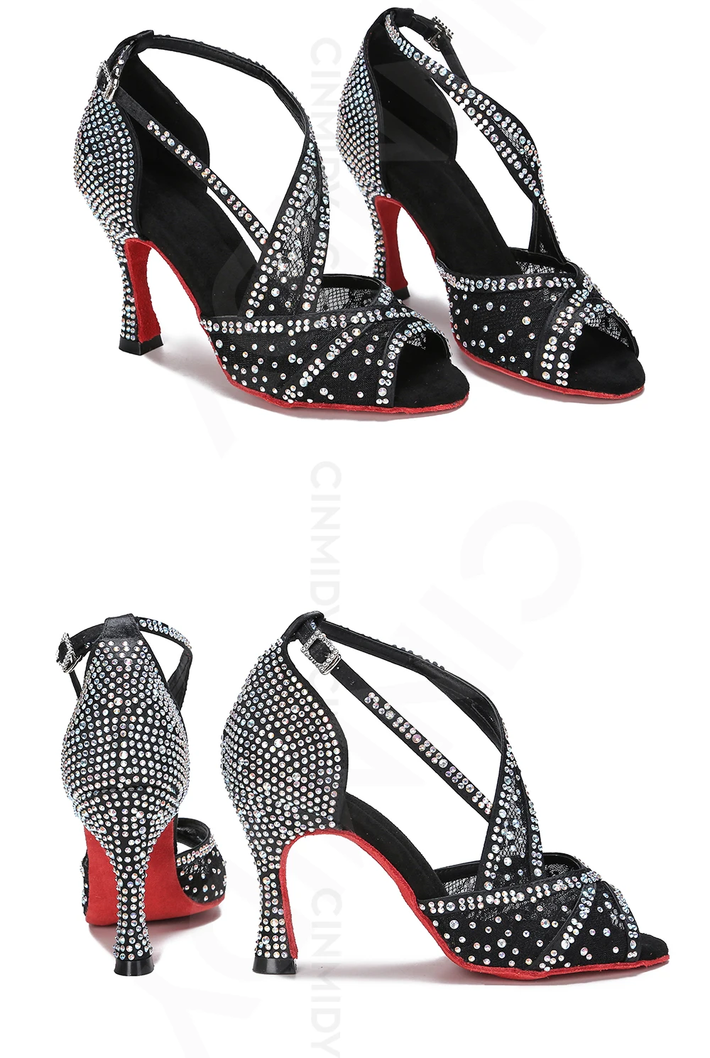 CINMIDY Rote Sohle Latein Tanzschuhe für Damen Tango Ballsaal Tanzschuhe Kubanischer Absatz Strass Hochzeitsschuhe Damensandalen – Detail 13