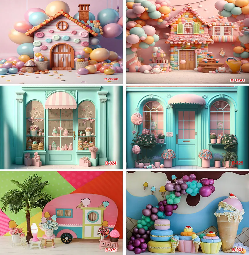 

Candy Theme Backdrop Ice Cream Car Cupcake Lollipop Sweet Baby Birthday Party Decor Photography Background Photo Studio Props