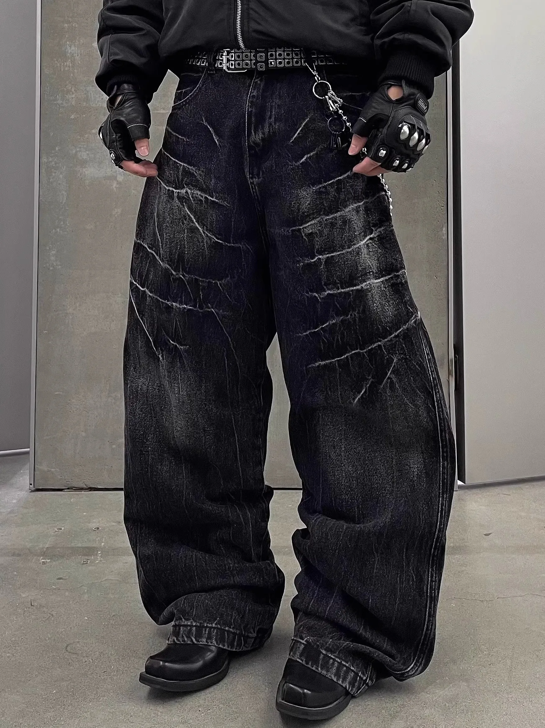 

Washed Black Lightning Pattern Men's Jeans High Street Hip Hop Retro Loose Wide Leg Knife Pants Casual Youth Popular