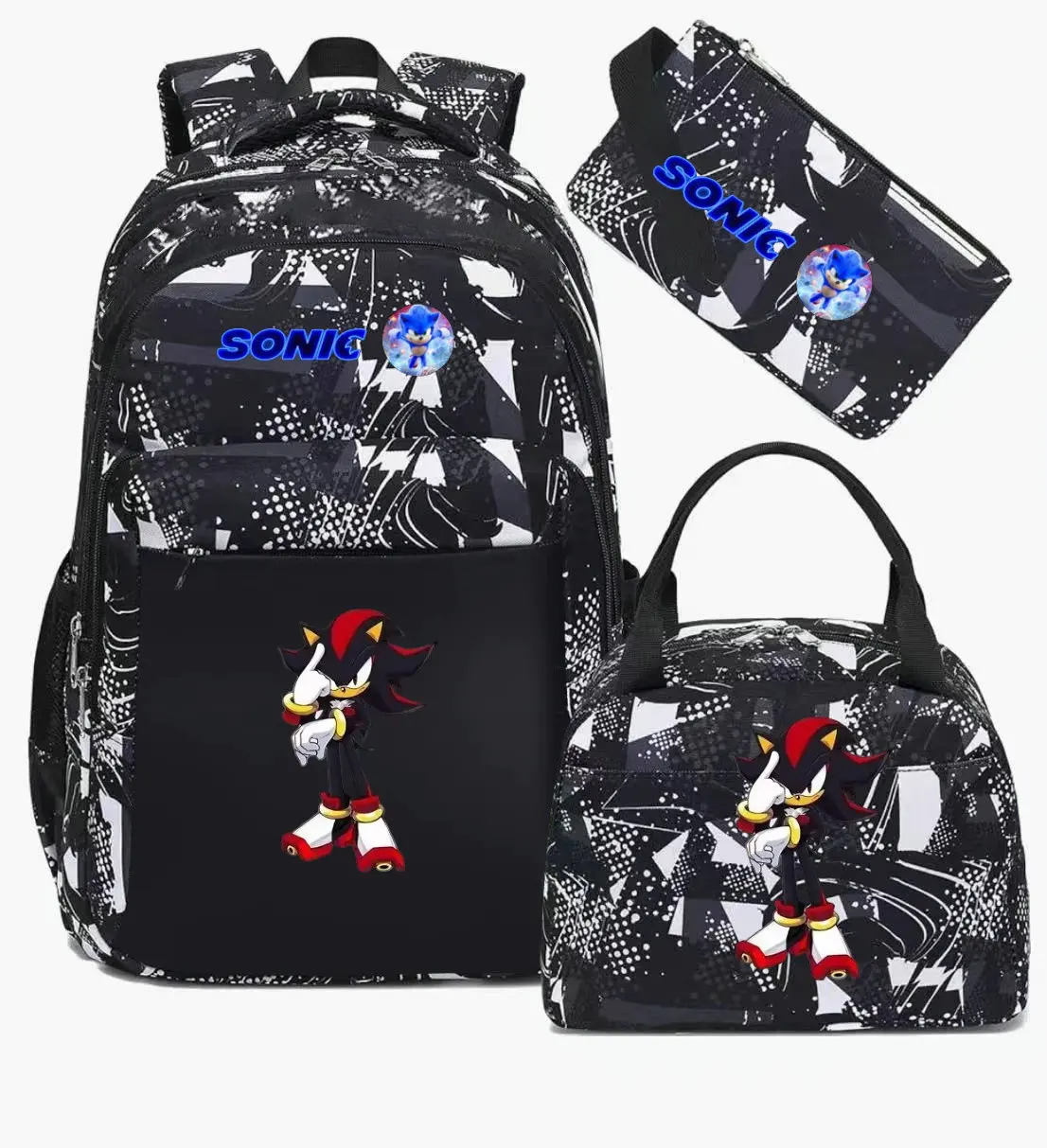 Sonic Backpack Set Large Capacity Leisure Print School Backpack Set Lunch Bag Pencil Case for Boys Girls Kids Bookbag