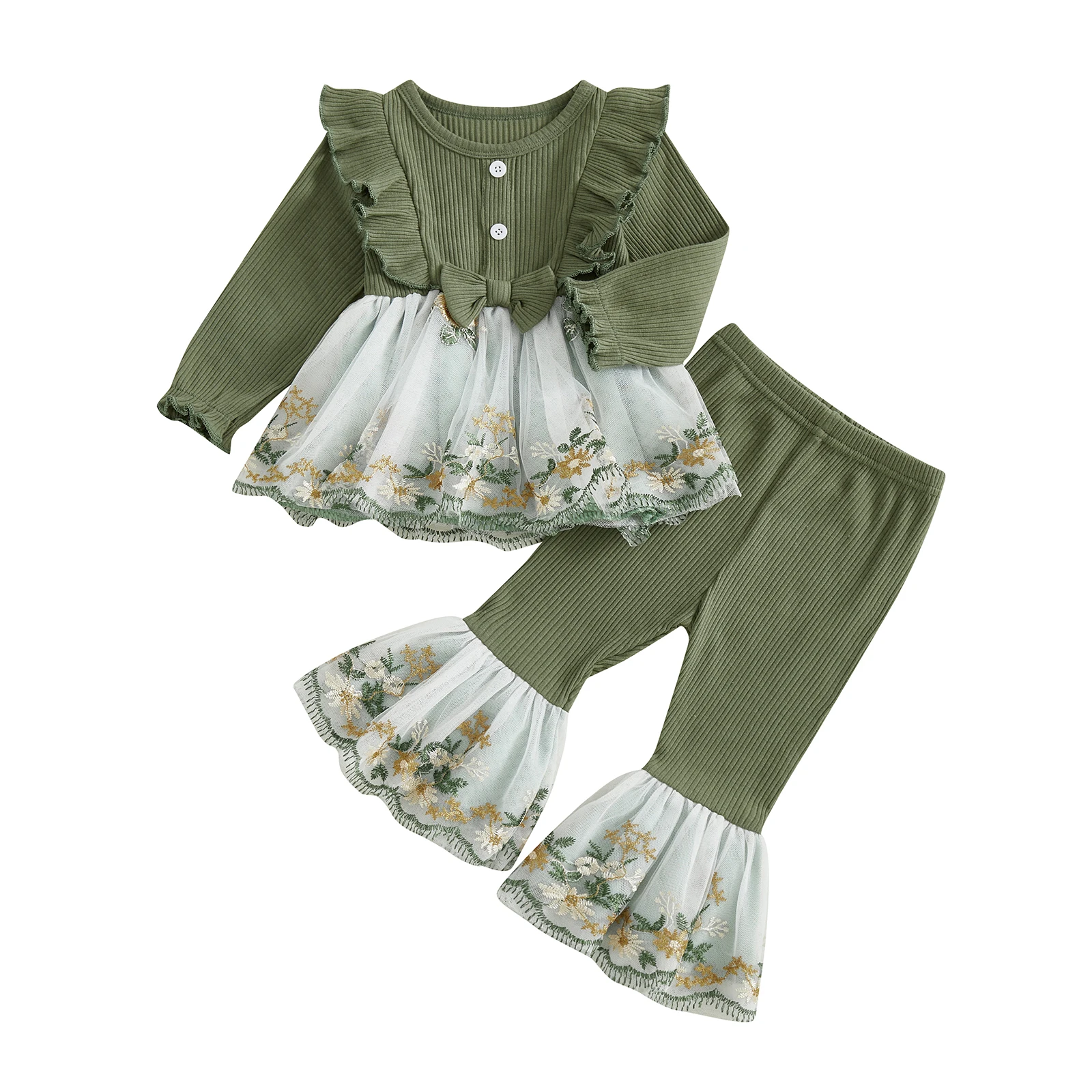 ملابس خريف وشتاء للأطفال الصغار البنات مطرزة بالزهور وأكمام طويلة على شكل حرف A وقيعان جرس مكونة من قطعتين