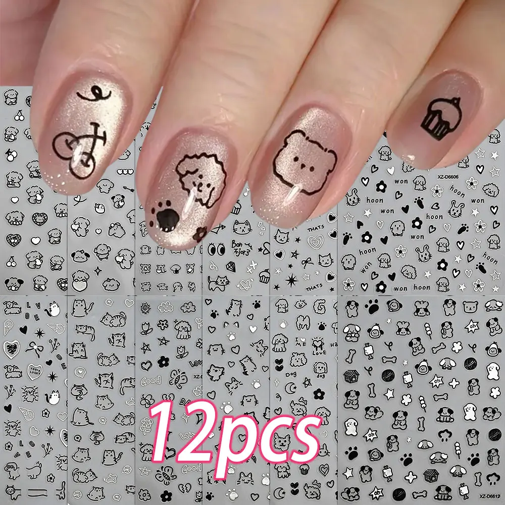 

12 шт./компл., наклейки для дизайна ногтей с милой мультяшной собакой/кошкой, 3D граффити, черный кот, собака, наклейки для ногтей 8*10 см, самоклеящиеся мультяшные наклейки для дизайна ногтей Su