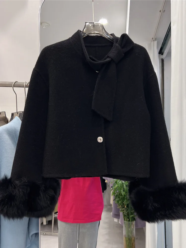 ZMEENNA Damen-Kurzmantel aus elfenbeinfarbener Wollmischung, abnehmbarer Krawatten-Schal, Kunstpelz-Manschette, einreihige Winterjacke, elegant, ZM4404