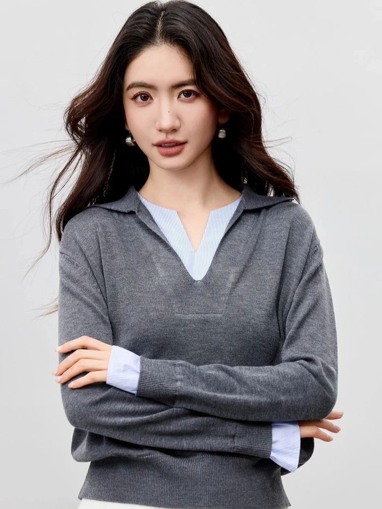 

SENTUBILA Women's Knitted Sweaters 2025 Autumn Winter 2 in 1 V Neck Pullover Sweater Loose Contrast Paneling Knitwear 753EC3425