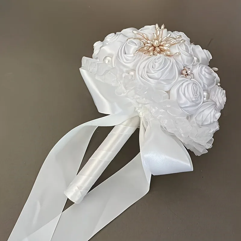 우아한 새틴 진주 신부 부케 - 결혼식, 생일, 발렌타인 데이를 위한 크림 화이트