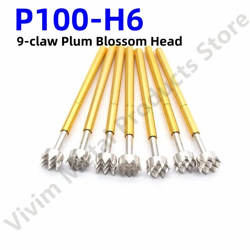 100PCS P100-H6 33.35mm 9-claw Plum Blossom Head Dia 3.0mm Needle Spring Test Probe P100-H Dia 1.36mm Circuit Board Test Tool