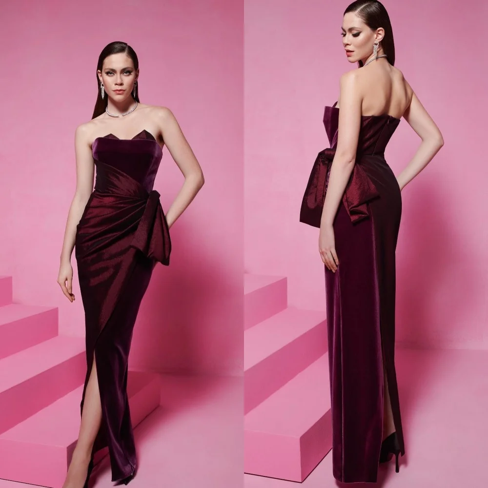 Customized  Satin Bow Ruched Party A-line Strapless Bespoke Occasion Gown Long Dresses  Sexy Casual 