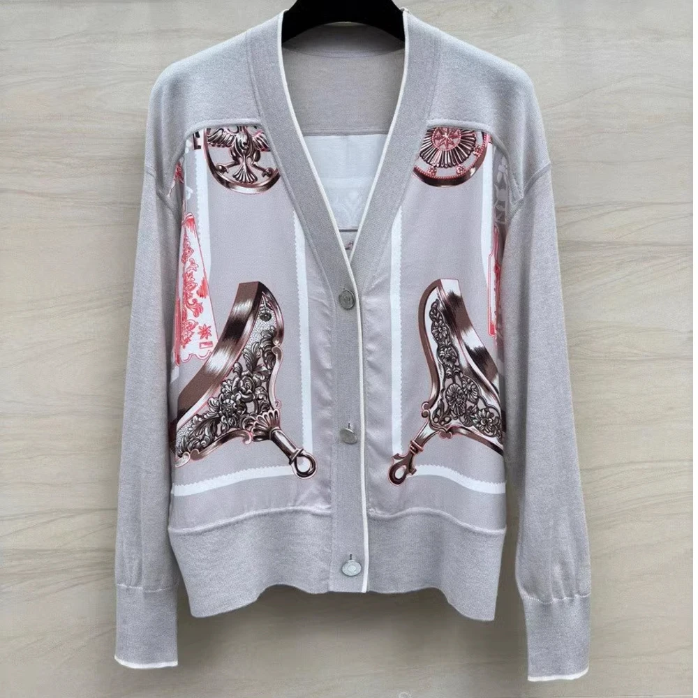 

High Quality Spring and Summer Women's Elegant Temperament V-neck Single Breasted Printed Patchwork Knitted Cardigan Coats