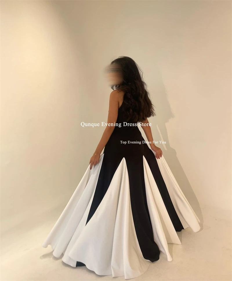 Qunque Simple Black White Evening Party Dresses Vestidos De Gala Lady Strapless Silk Satin Prom Gowns Customized Robe De Soiree