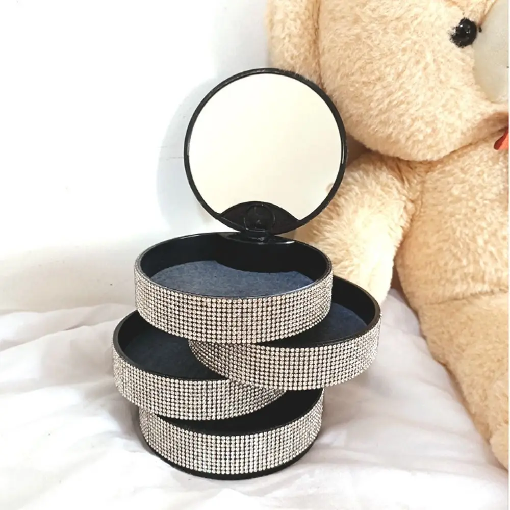 

Sparkling Rotating Jewelry Storage Box Rotatable with Lid Rhinestones Desk Organizer Dustproof Decorative