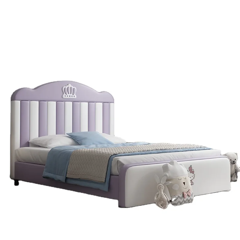 #Modern Leather Comfortable Children's Bed for Girls and Boys Princess Cartoon Design Guardrail Single Size Pink and Purple