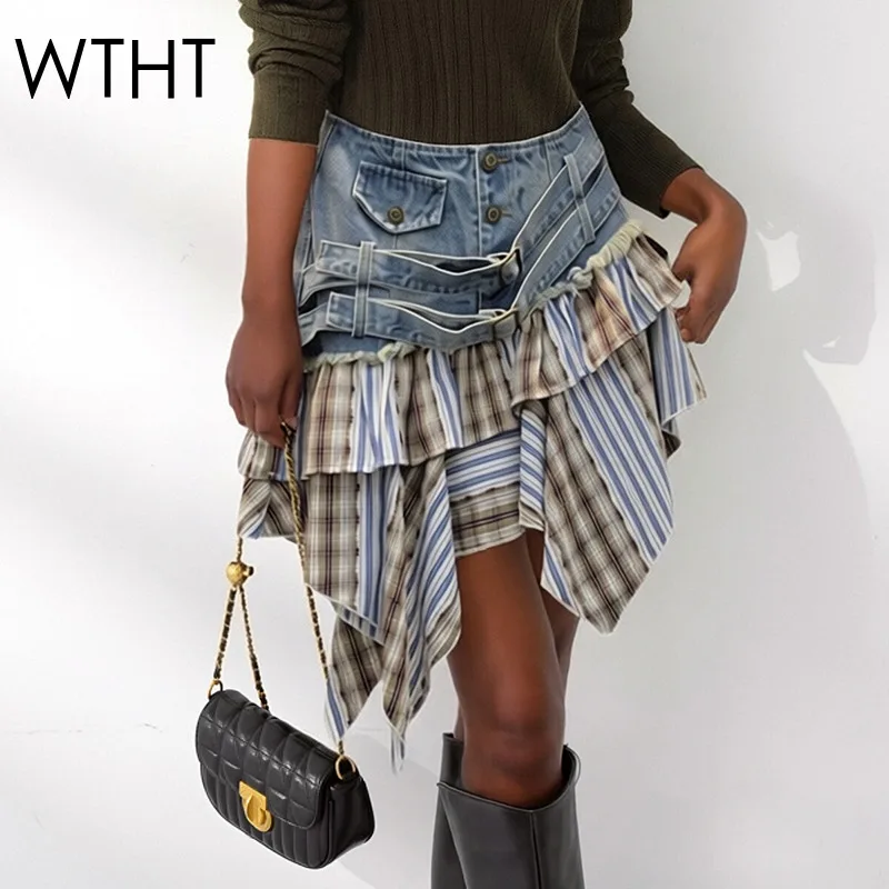 WTHT Neue Mode Damen Unregelmäßiger Denim-Rock mit Streifenmuster 2026 Frühling Trendiger Hochgeschnittener A-Linien-Rock für Frauen 1LS2973
