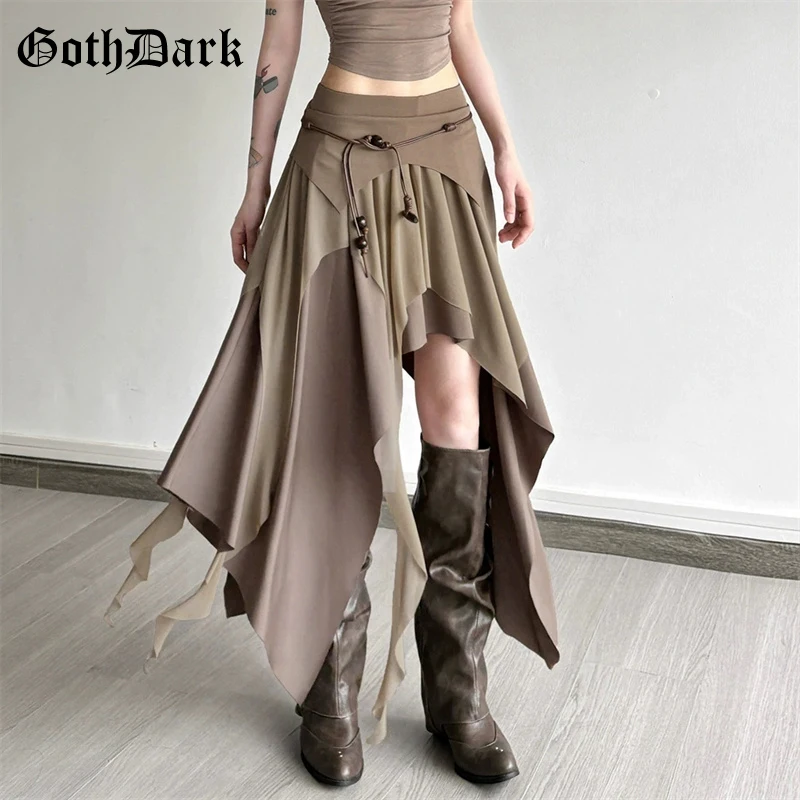 Goth Dark 90s Vintage Bottoms Cyber Y2K Multi-Layer Irregular Hem Skirt Mesh Stitch Women Streetwear Punk Fashion Split Skirts