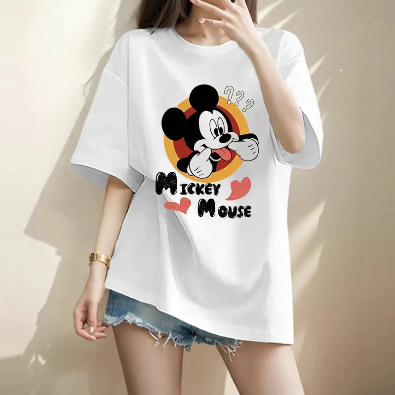 

Модный свободный летний топ Disney с Микки из чистого хлопка, новый свободный топ с круглым вырезом и принтом в Корейском стиле, свободный топ с короткими рукавами