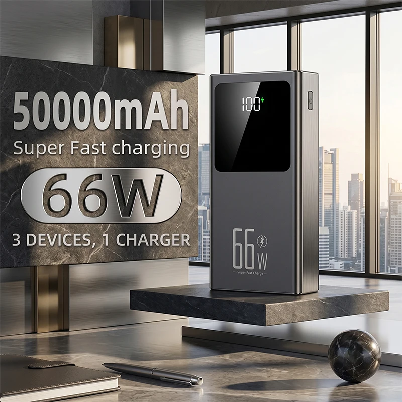 Batterie externe portable 50000 mAh, chargeur portable à charge super rapide 66 W, chargez 3 appareils simultanément, lampe de poche LED intégrée, batterie haute capacité compatible avec iOS et Android, alimentation d'urgence pour voyage, camping