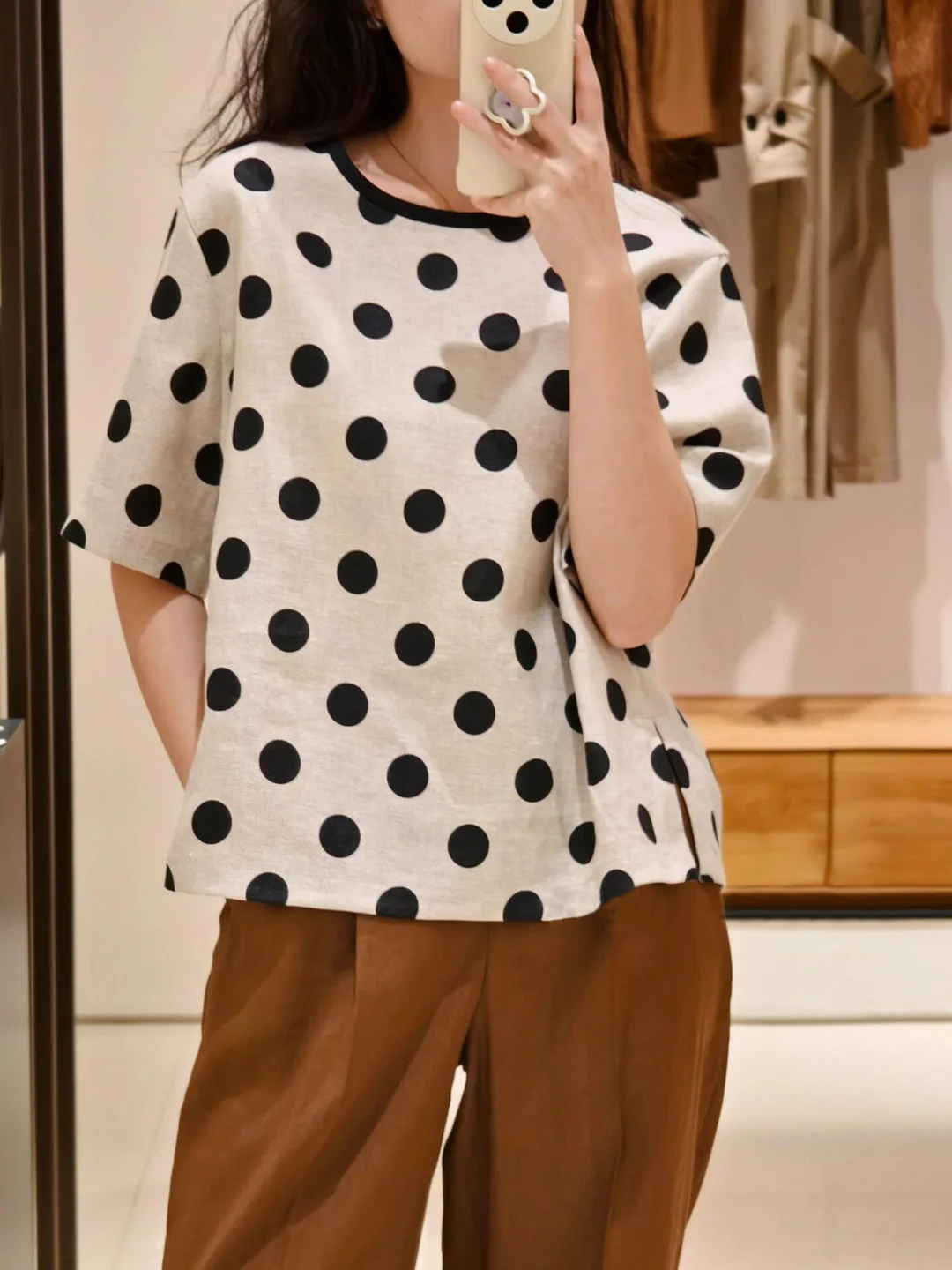 

Zhi Lin Linen Polka Dot Loose ort Sve Top with a Line Skirt Summer Women's Faion Casual Comfortable Breathable