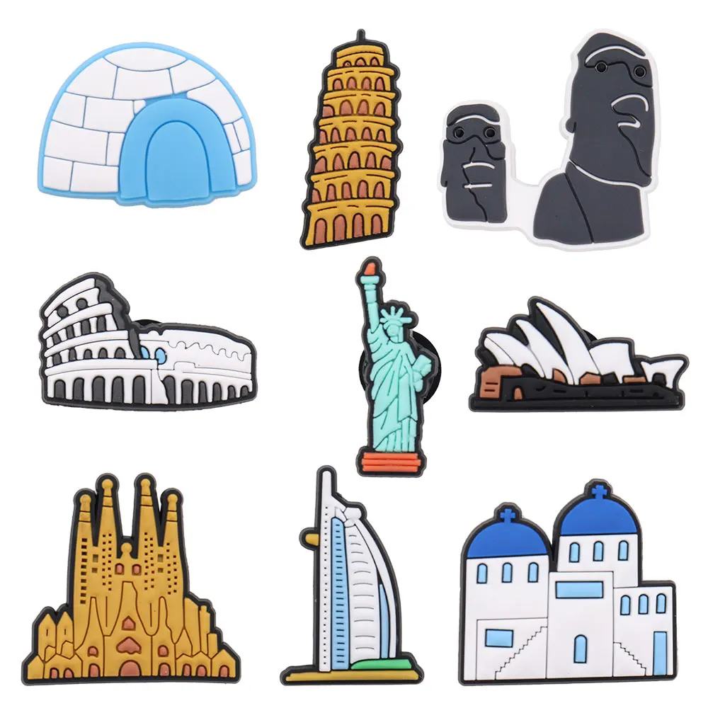 

Wholesale 50Pcs PVC Burj Al-Arab Architecture Shoe Charms Accessories Boys Girls Designer Clog Fitcute Backpack