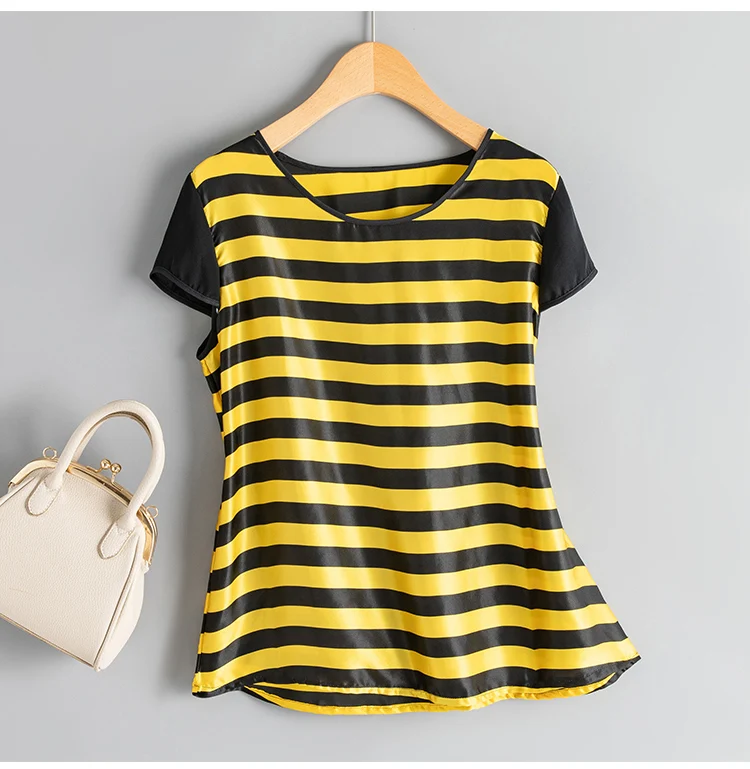 

New fashion silk striped short sleeved T-shirt base shirt loose top