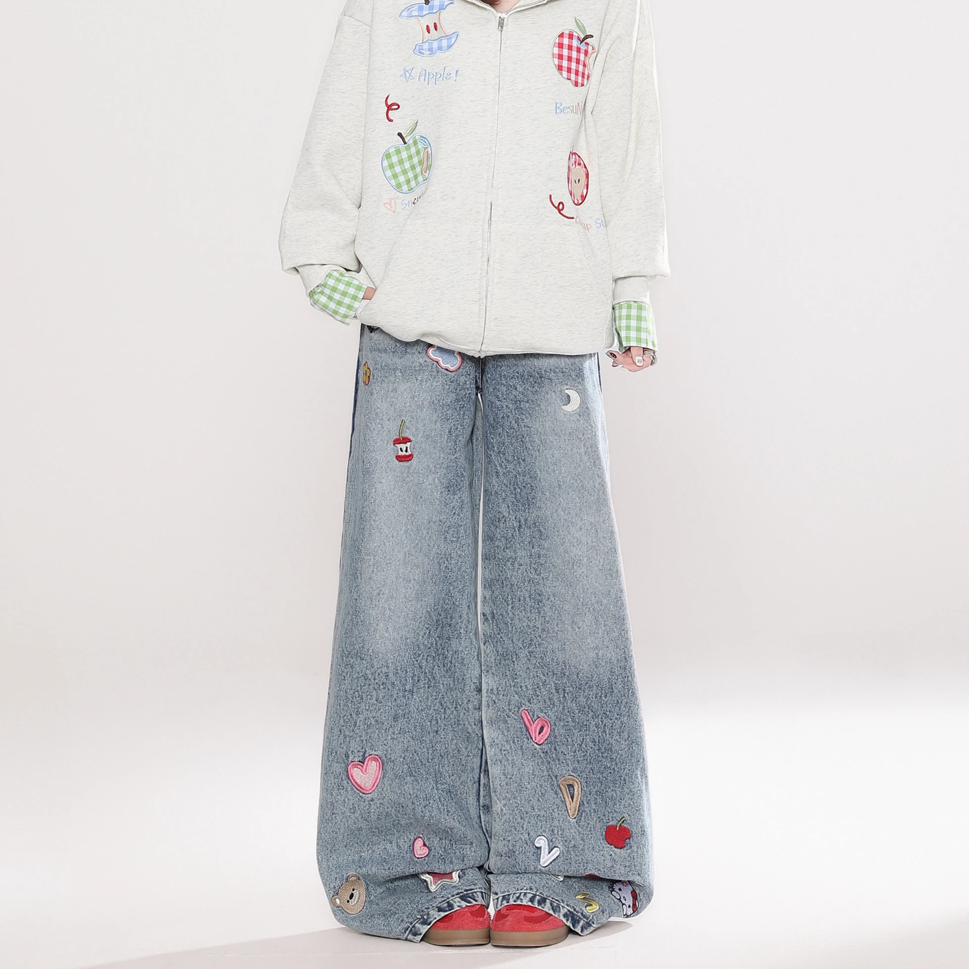2025 Spring and Autumn New American Style Women's Apple Embroidery Plaid Hooded Gray Sweatshirt Blue Loose High Waist Jeans