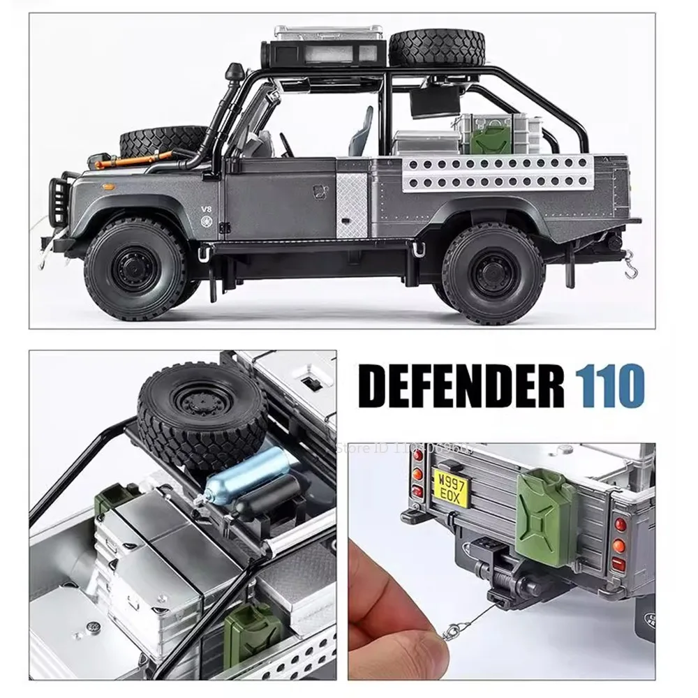 1:24 defender 110 range rover veículo off-road modelo brinquedos liga diecast portas abertas puxar para trás absorção de choque para meninos presentes